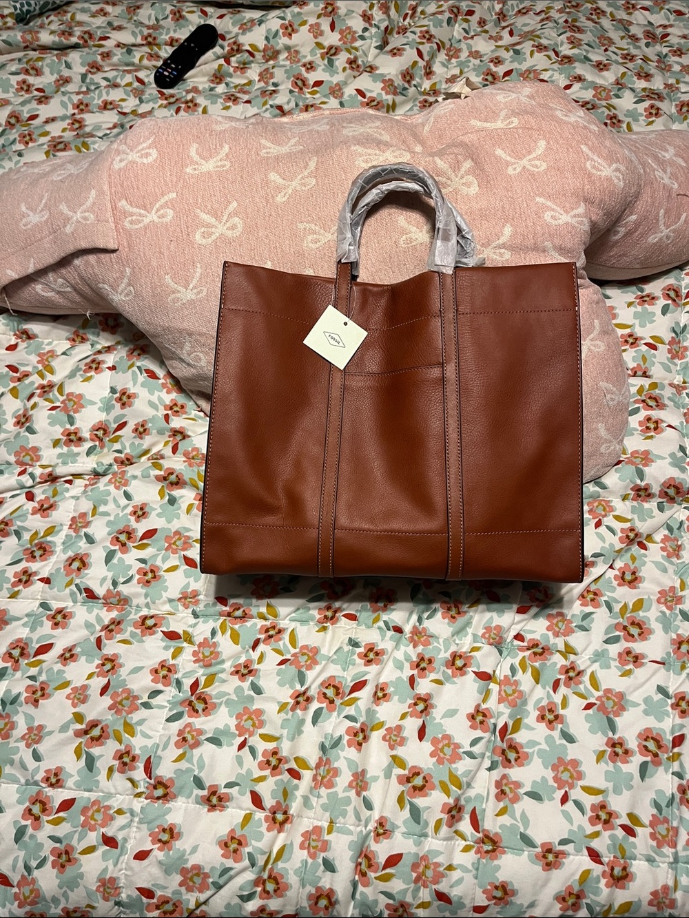 Fossil Chestnut Brown Leather Tote Bag